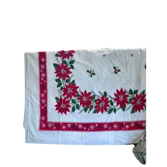 Vintage Linen Christmas Poinsettia Tablecloth 50” X 64” FLAWED - Picture 1 of 9